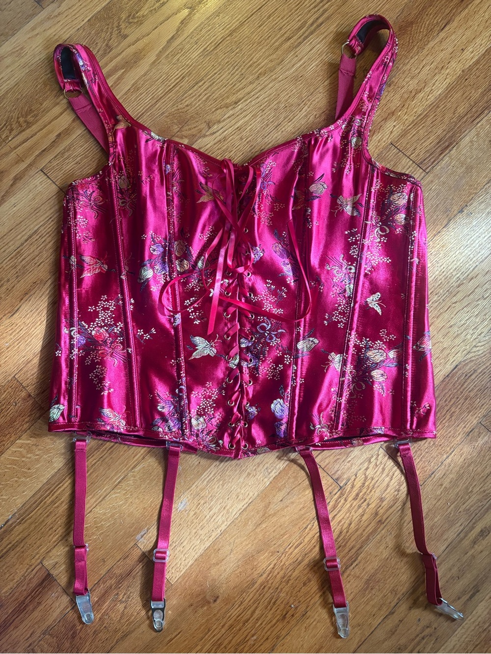 Shirley of Hollywood Red Satin Floral Lace-Up Corset Camisole